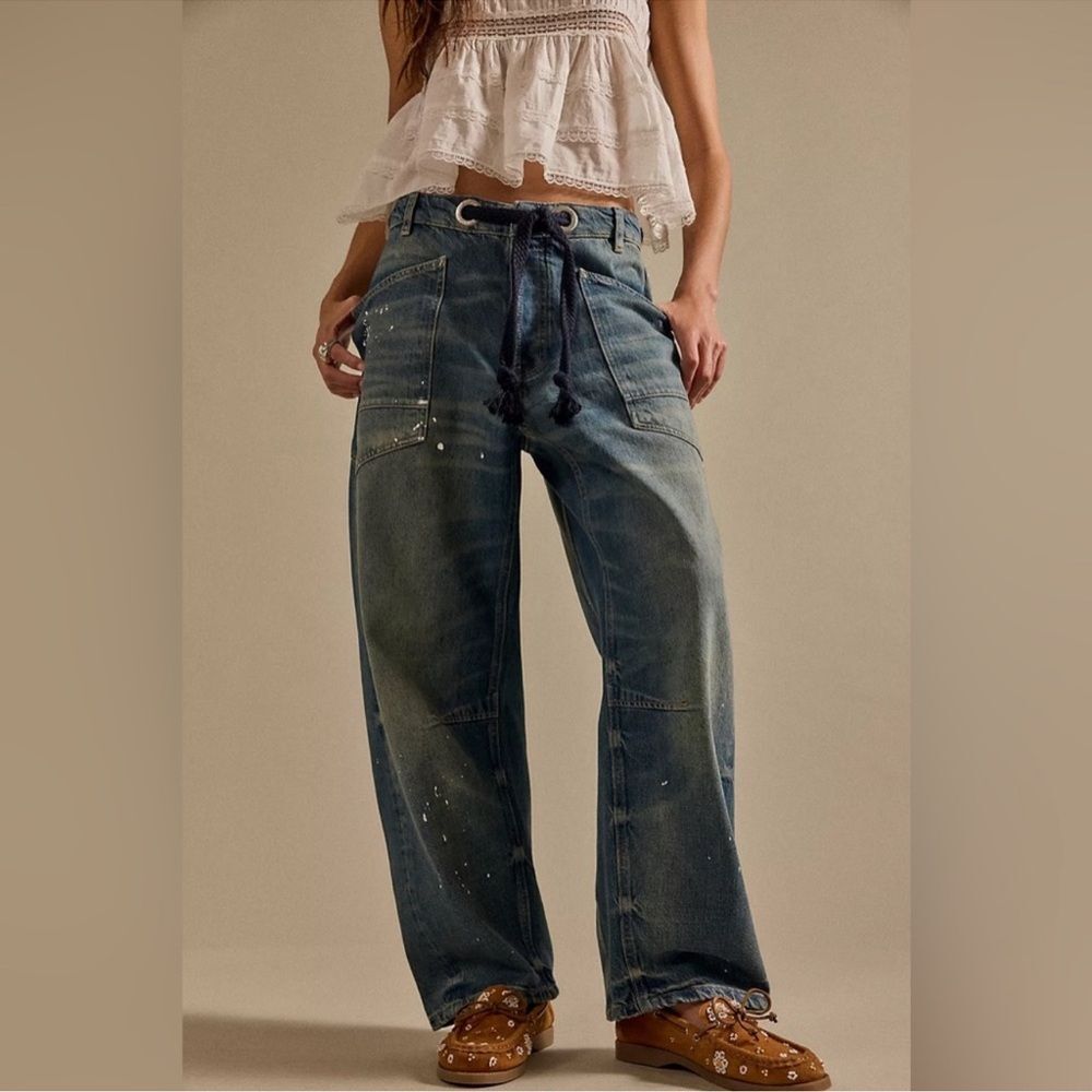 27 Long Free People We The Free Moxie Pull-On Barrel Jeans In Timeless Blue
